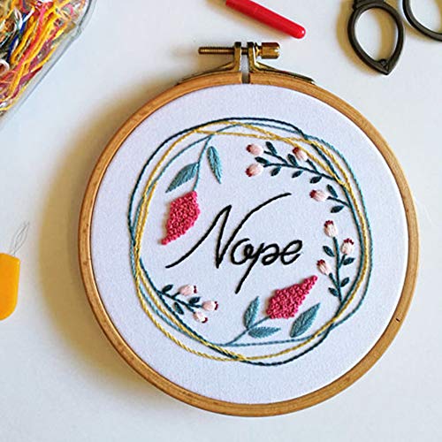 Hangnuo 2 Embroidery Starter Kit with Floral OK Nope Pattern for Beginners, Full Range Embroidery Cross Stitch with Embroidery Cloth, Bamboo Hoops, Threads, Needles, and Scissors