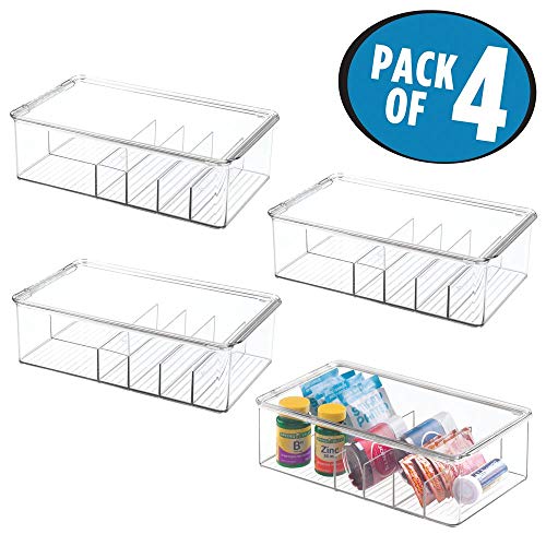mDesign Stackable Plastic Storage Bin Box with Lid - Divided Organizer for Vitamins, Supplements, Serums, Essential Oils, Medicine Pill Bottles, Adhesive Bandages, First Aid Supplies - 4 Pack - Clear