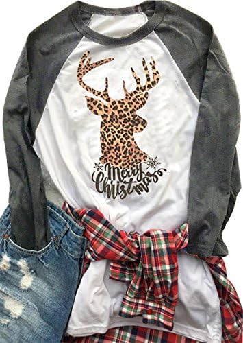 Womens Christmas Reindeer Shirt Casual Long Sleeve Leopard Shirt Letters Print Blouse Tops
