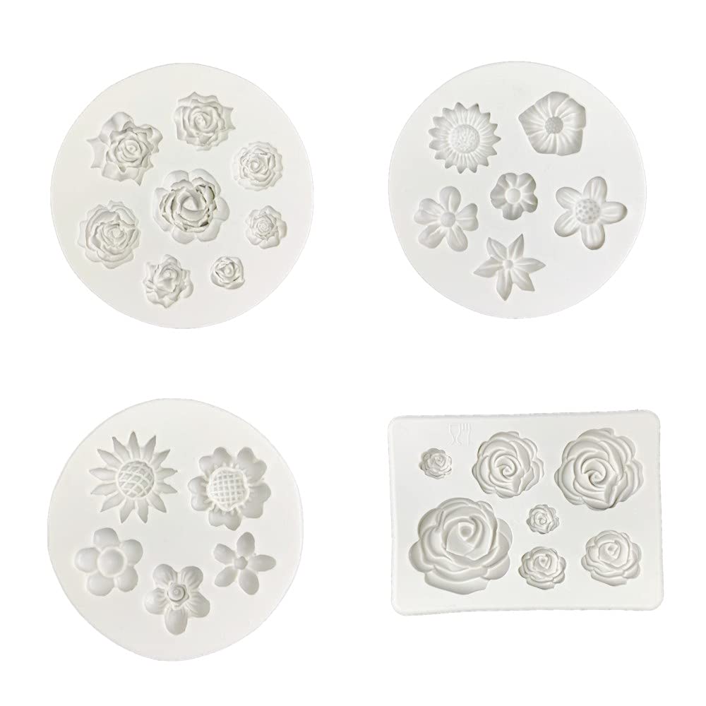 CHSYOO 4PCS Flower Theme Silicone Mold Set, Daisy Rose Lotus Sun Flower, Fondant Fudge Clay Candy Chocolate Mold, Translucent Silicone Molds, Irregular Shape
