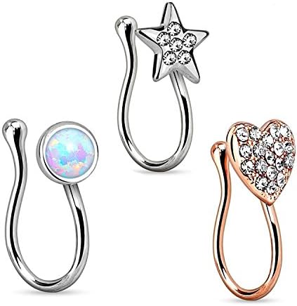 Nose clip - 3 Pcs Clip On Nose Ring Fake Non No Piercing Needed Star Opal and Heart Shape