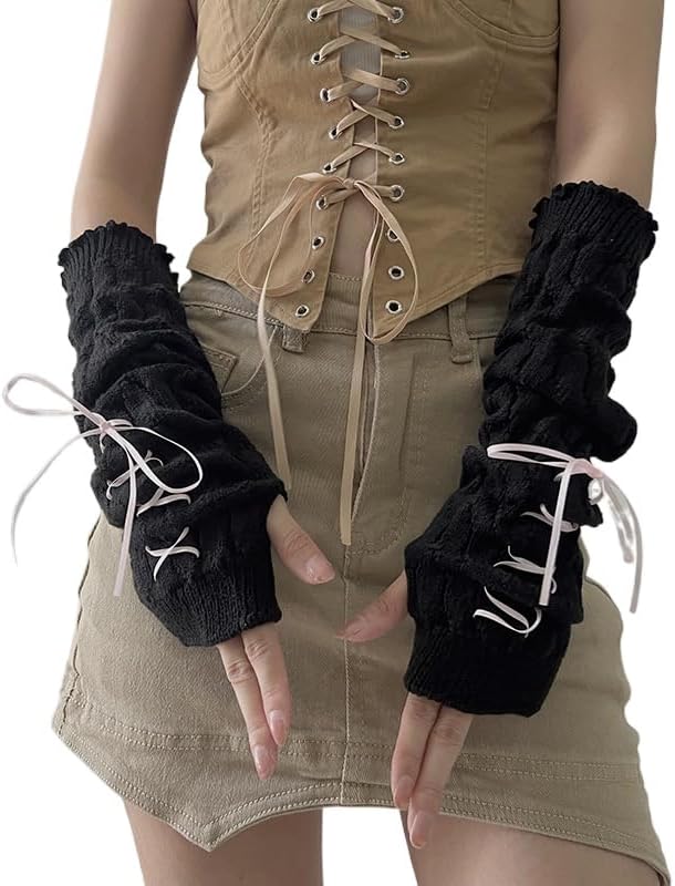 小物 STONE  SOFT GLOVES Y2K POHADON Women Cute Knitted Arm Warmers Lace Up Bow Fingerless