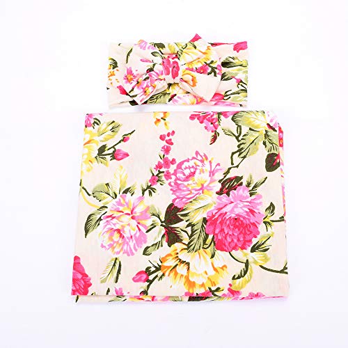 Little Jump 3 Sets Nerborn Receiving Blanket and Headband Set Flower Print Baby Swaddle Wrap Floral Baby Blankets for Girls and Boys.