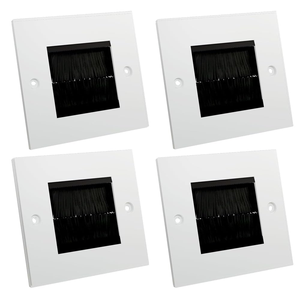 rhinocables White Brush Wall Plate | Single Gang Cable Entry Cover for TVs, Projectors & Monitors | Neat HDMI & Power Lead Management for Home Cinemas, Offices & AV Desks (Black Brush, 4 Pack)