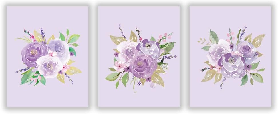 3 Set - Watercolor Peony Art Poster,Purple Flower Bloom Nursery Art Print,Canvas Art Painting for Girls Room Home Decor(Unframed, 8