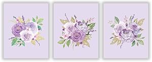 3 Set - Watercolor Peony Art Poster,Purple Flower Bloom Nursery Art Print,Canvas Art Painting for Girls Room Home Decor(Unframed, 8