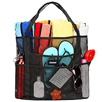 Mesh Beach Bag Toy Tote Bag Grocery Storage Net Bag Oversized Big XL with Pockets Foldable Lightweight for Family Pool Black Color