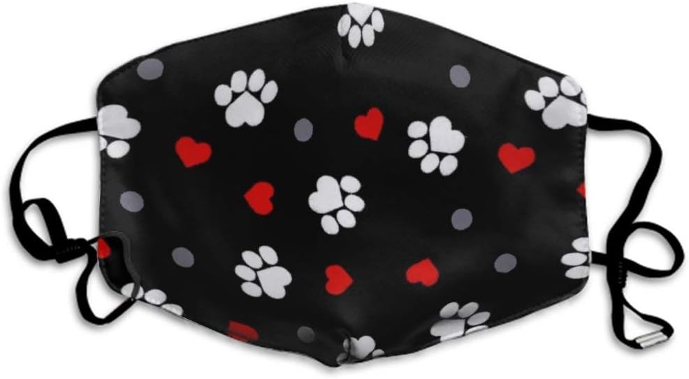 CIGOCI Anti-Allergens Earloop Face Masks for Boys Girls Adults, Paw Prints and Hearts On Black Polyester Mouth-Muffle for Dust, Medical, Cycling - Healthy