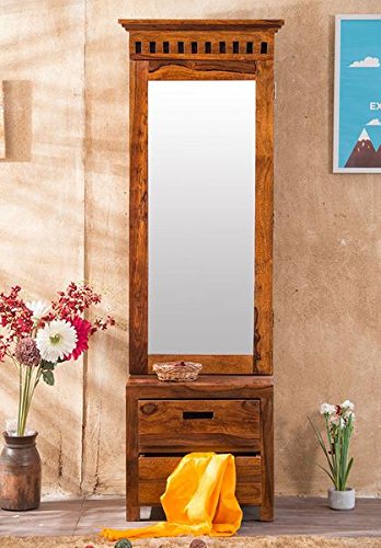 B.L Wood Furniture Sheesham Wood Kuber Two Drawer Dressing Table with Mirror for Living Room | Teak Finish