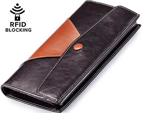 Obrave RFID Blocking Wallet for Women Bifold Genuine Leather Ladies Large Clutch Organizer Purse with Zipper Pocket Coffee