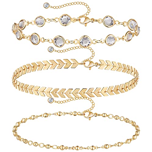 DEARMAY Waterproof Gold Ankle Bracelets for Women - Dainty 6Pcs 14K Gold Plated Anklets Layered Cuban Link Chain Herringbone Cute Anklets Set Pack Summer Beach Jewelry Gift for Women Teen