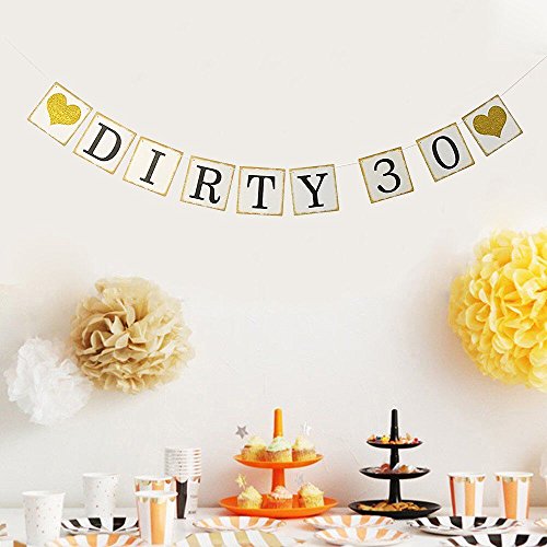 Dirty 30 Banner Gold Glitter Heart 30th Birthday Sign Happy