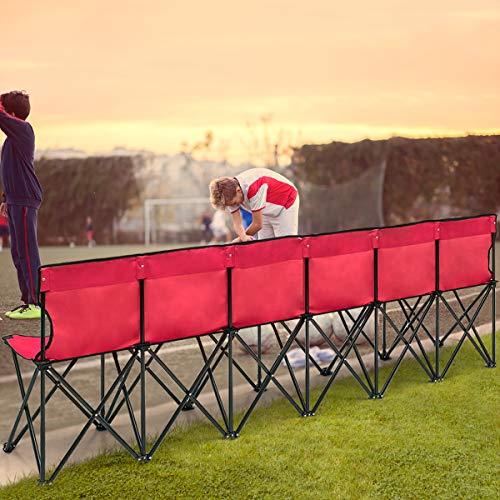 Giantex Portable Folding 6 Seats Chair Sideline Bench W/Seat Backs & Carry Bag Sports Team Camping (Red) - Thumbnail 2