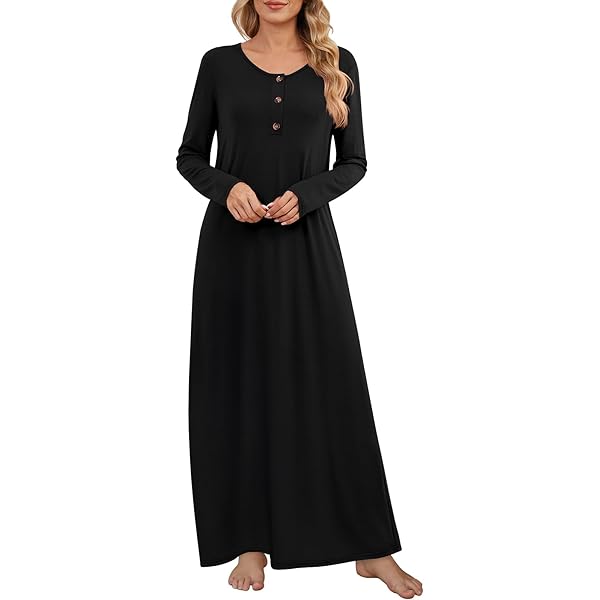 Womens Nightgowns Long Sleeve Maxi House Dress Casual Crewneck Nightshirt  Dresses Full Length Sleepwear with Pockets at Amazon Women's Clothing store