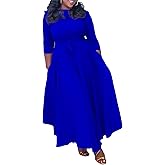 Xuideoy 2025 Summer Plus Size Maxi Dress for Women Casual Solid Color 3/4 Sleeve High Waist Flowy Ruffle Dress with Belt, Blue, 5XL