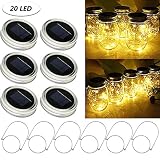 TedGem 20 LED Mason Lights, 6 Pack Warm White Solar Mason Jar Lights (6 Handles Included) Jar Hanging Light Fairy Firefly Lights Lids Insert for Regular Mouth Jars on Garden Decor Wedding Christmas
