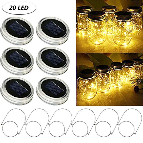 TedGem 20 LED Mason Lights, 6 Pack Warm White Solar Mason Jar Lights (6 Handles Included) Jar Hanging Light Fairy Firefly Lights Lids Insert for Regular Mouth Jars on Garden Decor Wedding Christmas