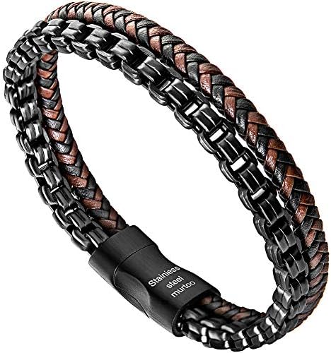 murtooMens Bracelet Leather Braided Stainless Bracelet 316L Chain Black Brown Leather Magnetic Clasp Gift for Men