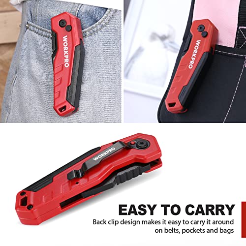WORKPRO Folding Utility Knife, Quick Change Box Cutter, Razor Knife for Cartons, Cardboard, Boxes, Blade Storage in Handle, 13 Extra Blades Included (Red)