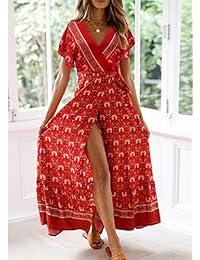 Century Star vestido largo con cuello en V, estampado floral, manga corta, vestido largo de playa bohemio