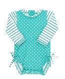 RuffleButts Baby/Toddler Girls Long Sleeve One Piece Swimsuit - Aqua Polka Dot with UPF 50+ Sun Protection - 6-12m