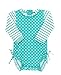 RuffleButts Baby/Toddler Girls Long Sleeve One Piece Swimsuit - Aqua Polka Dot with UPF 50+ Sun Protection - 12-18m