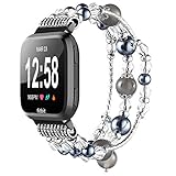 Anjoo Bands for Fitbit Versa/Fitbit Versa Lite Edition Smart Watch, Fashion Jewelry Elastic Stretch Pearl Bracelet Replacement Women Girls Strap Bands for Fit bit Versa Smartwatch - Black/Grey