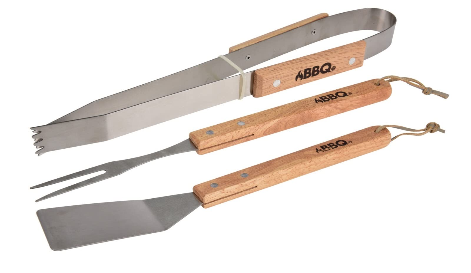 BARGAIN4ALL 3 Nos. BBQ Grill Tools – Non-slip Wood Grip Stainless-Steel Utensils – Backyard Camping, Cooking – Indoor/Outdoor Accessories for Men and Women