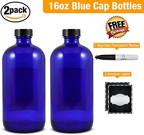 Empty Blue Glass Bottle-Large 16 oz Refillable Container for Storing Chemicals, Shampoo, Conditioners, Soaps, Cleaning Products, Essential Oils, and Aromatherapy-Black Caps-2 Pack Bonus Free Extras