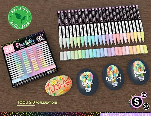 TOOLI-ART 24 acrylic pastel paint markers with extra fine 0.7mm tip for painting on rock, glass, wood, metal, canvas, details, non-toxic, quick drying.