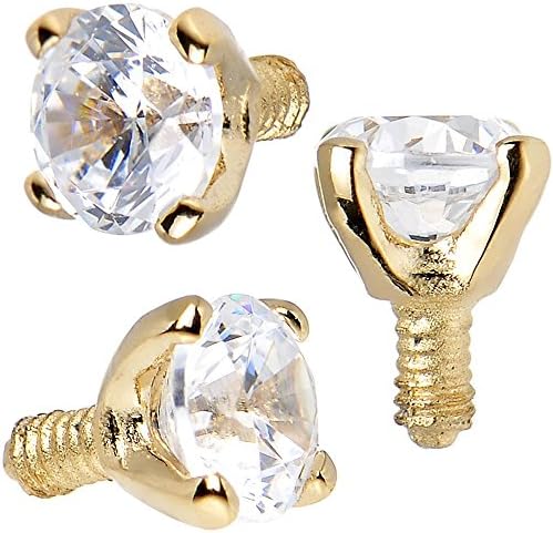 (2 PIECES) Gold Dermal Top CLEAR ROUND CZ PRONG Setting Plated Over 316L Surgical Steel (14g (1.6MM)