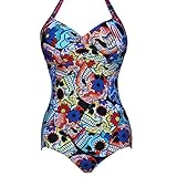 Roybens 50s Women Retro Floral Skull One Piece Swimsuit Pin Up Monokinis Swimwear