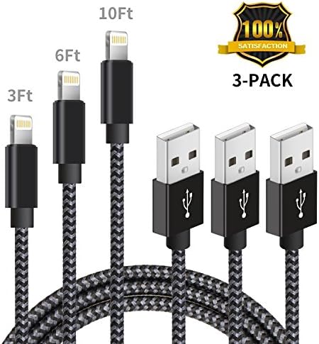 iPhone Charger Cords, 3Pack 3FT 6FT 10FT JIEXUN Nylon Braided Lightning to USB Charging Cable, Sync &amp; Charging Cord for iPhone 7/6s Plus/6/SE/5s 5c 5, iPad Air/IPad Pro/mini/4th, Black