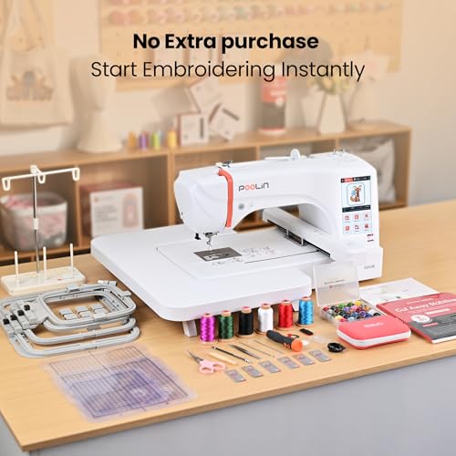 POOLIN EOC06 Embroidery Machine 7.9x11 Inch Large Area for Clothing, Computerized 7 Inch Touchscreen Achieve Letter Embroidery and Combination Embroidery, Includes Thread, Stabilizer, Bobbins