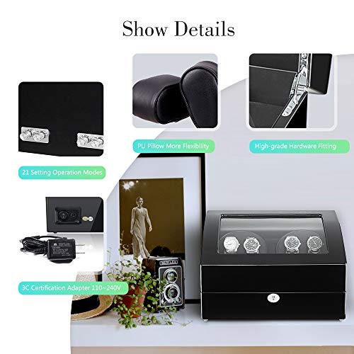 Maselex 4 Watch Winder Box for Automatic Watches with 6 Storages and Quiet Mabuchi Motor(Black)-21 Rotation Modes - Thumbnail 2