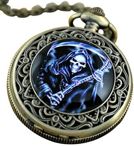 VIGOROSO Men's Quartz Unique Skull Death Enamel Painting Steampunk Bronze Flowers Pocket Watch