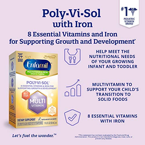 enfamil poly-vi-sol con gotas de suplemento multivitamínico de hierro para bebés y niños pequeños, frasco cuentagotas de 50 ml 