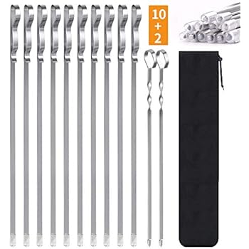 Kabob Skewers Flat Metal 17 Inch BBQ Barbecue Skewer Stainless Steel Long Kebob Sticks Wide Reusable Grilling Skewers for Shish Kabob Meat Chicken Vegetables, Set of 12 Including 2 Bonus 14