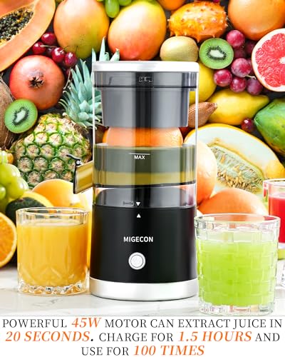 Migecon Rechargeable Electric Citrus Juicer - Citrus Juice Machine with USB and Portable, Dripless Function for Oranges, Lemons, Grapefruits, Includes Cleaning Brush (Black) ZZJ001B