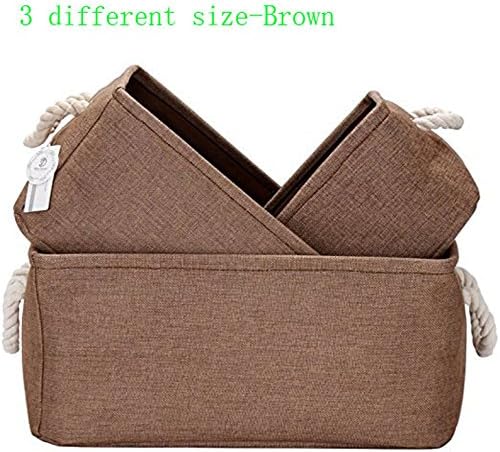 Foldable Multi-sized Square New 100% Natural Linen &amp; Cotton Fabric Storage Bins Storage Baskets Organizers - Set of 3 (Brown)