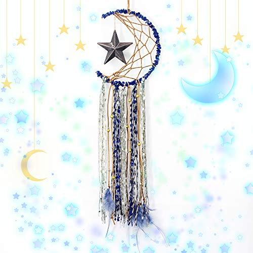 TEESHLY Moon Star Dream Catcher Handmade Crescent Shape Dreamcatchers for Wall Decor, Blue Feather Hanging Ornament for Home Decoration Festival Gift