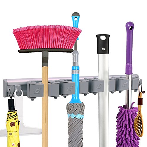 Mop Broom Holder Wall Mounted Hooks, Free Combination Rubber Grip Pole Holder, Garden Tool Rack, Storage Organization Hangers, Kitchen Hanging Garage Utility Tool (with 4 Sliding Grippers and 4 Hooks)