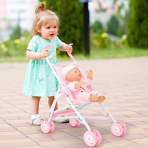 DeAO 17pcs Baby Stroller Toys with 33 cm Dolls Bag 2 Clothes for Dolls | Dolls Trolley with Quiet Wheels, Lightweight and Stable, Role Play for Children with Feeding and Baby Bottles for Dolls