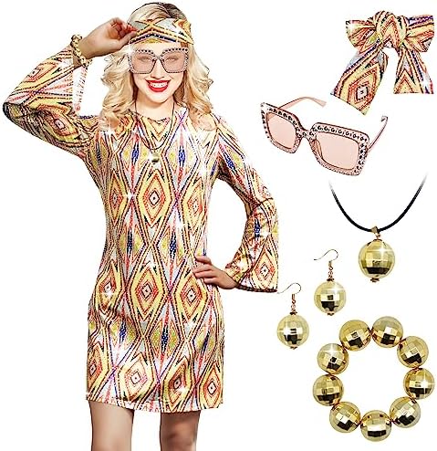 Disfraz Hippie Años 70 Para Mujer - Vestido, Pendientes, Collar, Diadema Y Gafas, Ideal Para Fiestas Temáticas Disfraz Hippie Años 70 Para Mujer - Vestido, Pendientes, Collar, Diadema Y Gafas, Ideal Para Fiestas Temáticas