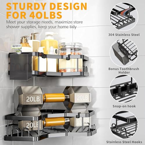 Yoawllty Bathroom Organizer, 2 Pack Corner Shower Caddy, Adhesive Shower Corner Organizer Shelves, No Drilling Stainless Steel Shower Storage Rack with Hooks,Toothbrush Holder,Soap Holder for Bathroom
