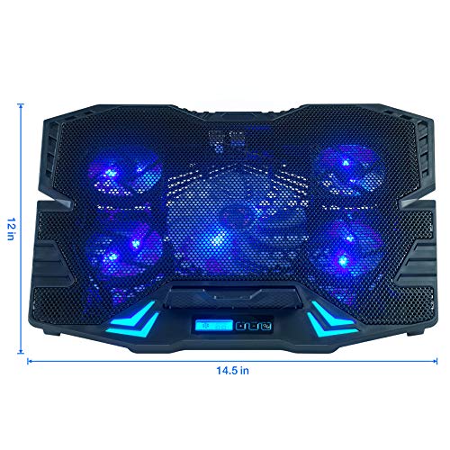 Rosewill Gaming Laptop Cooler Notebook Cooling Pad, 5 Silent Blue LED Fans w/Powerful Air Flow, Control Panel w/LCD Screen, Portable Height Adjustable Laptop Stand, Comfortable for Wrists