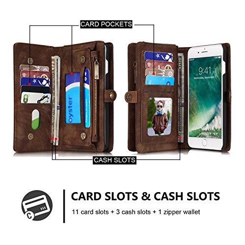TOPWOOZU iPhone 7Plus Wallet Case, Zipper Wallet Leather Detachable Magnetic Removable Case Purse Clutch Back Flip Credit Card Holder Cover Case for iPhone 7Plus/7Pro 5.5inch