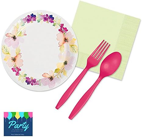 Fairy Garden Party Supplies Kit - Tableware for 16 Guests includes Dessert Plates, Napkins, Cutlery