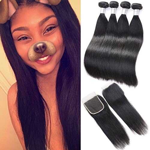 BINF Hair Brazilian Virgin Straight Human Hair Bundles with 4X4 Lace Closure 10 12 14 +8 100% Unprocessed 8A Brazilian Straight Human Hair 3 Bundles with Lace Closure