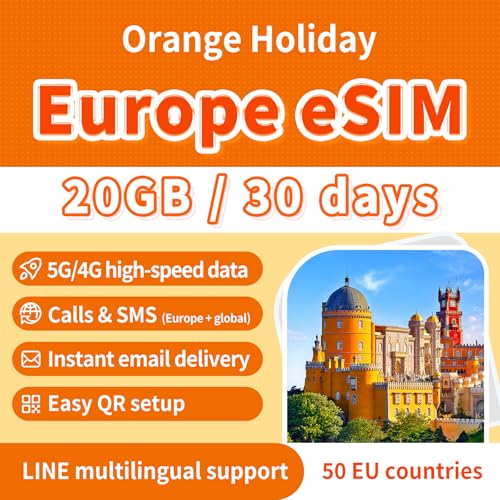 Orange Holiday Europe eSIM - 30 Days 20GB High-Speed Data, Unlimited Calls & SMS in 38 European Countries, Bonus 30 Min Global Calls + 200 SMS, 5G/4G Hotspot, Instant Email Delivery(30 Days 20GB)